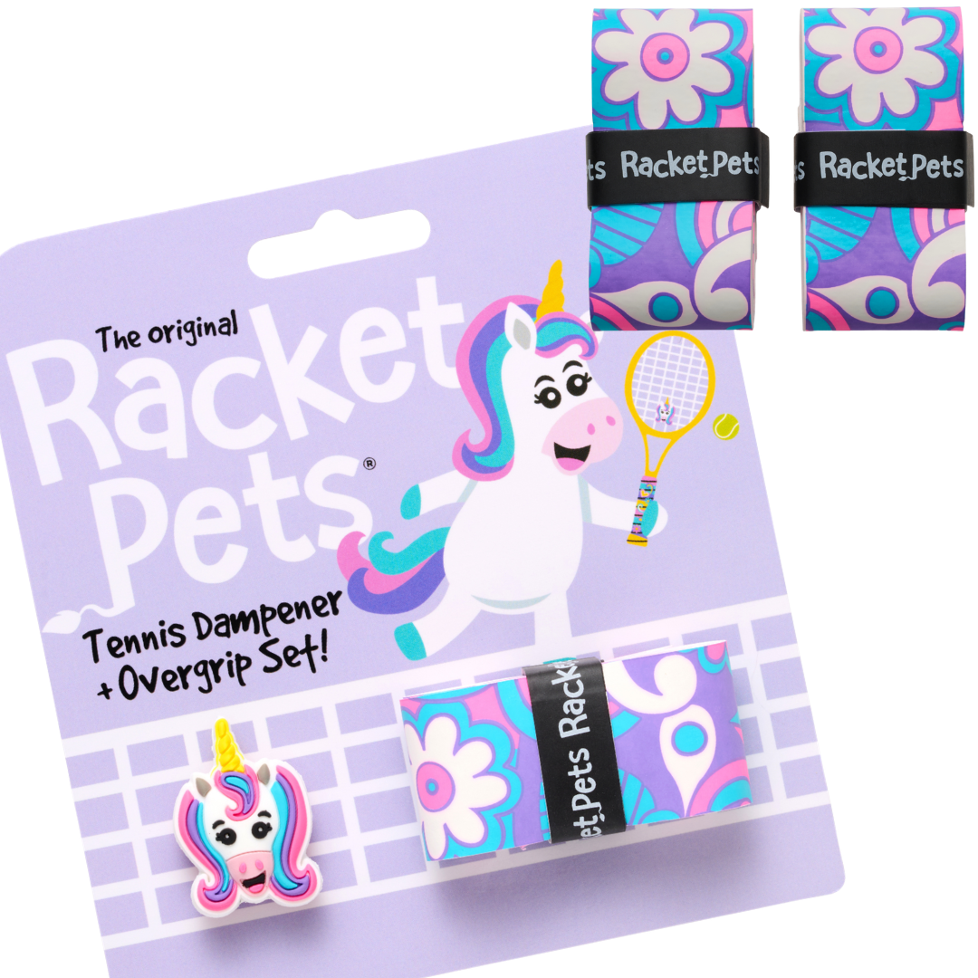 Racket Pets VALUE PACK - A Pink and Purple Unicorn Racket Pet Tennis Dampener and Overgrip Tape with a (Pack of 2) Replacement Overgrip Tape