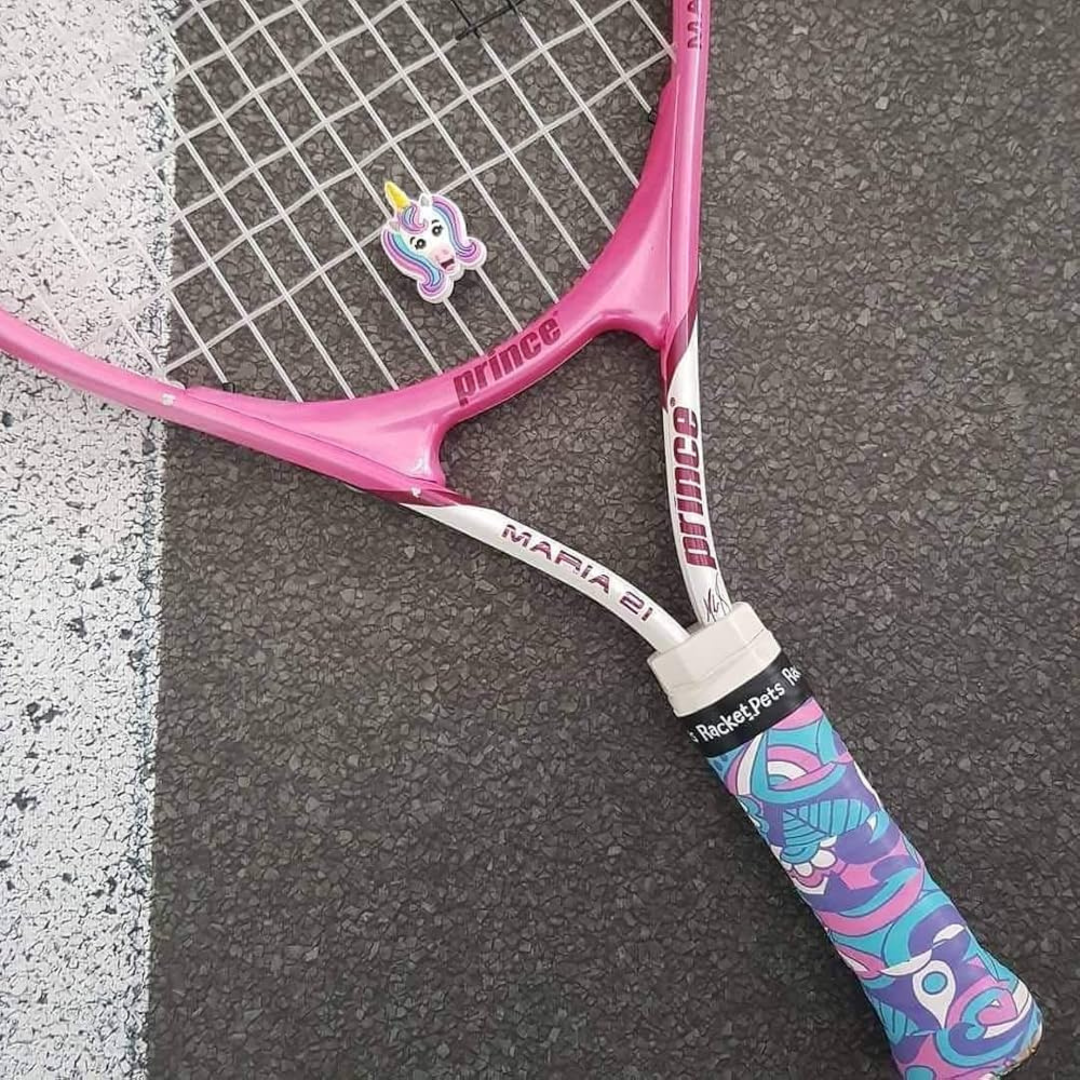 Racket Pets VALUE PACK - A Pink and Purple Unicorn Racket Pet Tennis Dampener and Overgrip Tape with a (Pack of 2) Replacement Overgrip Tape