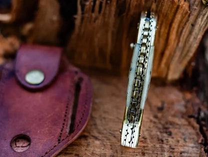 Texan Knives Custom Handmade Fish Style Damascus Steel Folding Knife with Sheep Horn & Brass Handle - Includes Leather Sheath