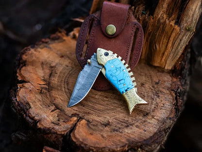 Texan Knives Custom Handmade Fish Style Damascus Steel Folding Knife with Epoxy Resin Handle & Brass Accents - Includes Leather Sheath