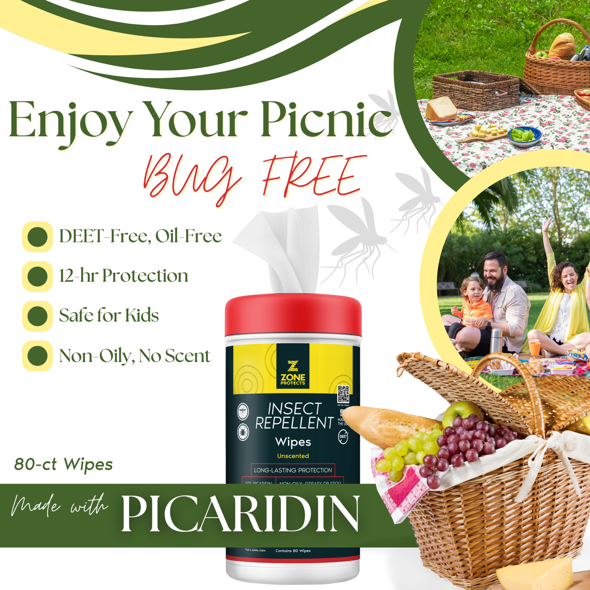 Zone Protects Unscented Picaridin Wipes, 80-ct