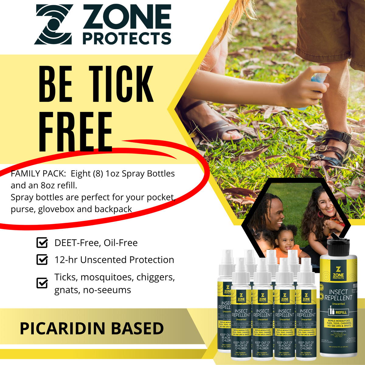 Zone Protects Unscented Insect Repellent Spray, 1oz Family Pack + Refill Bundle