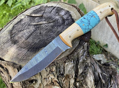 KBS Knives Handcrafted Damascus Hunting Knife with Olive Wood and Resin Handle by KBS Knives Store