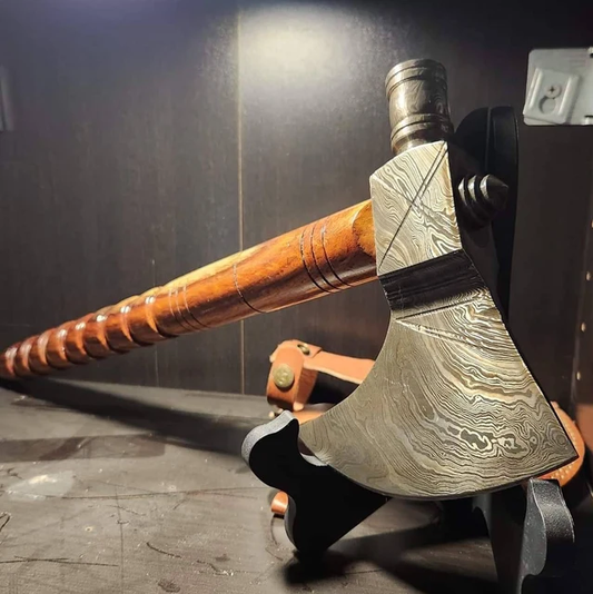 KBS Knives "Damascus Smoke Pipe Tomahawk/Axe | Rose Wood Handle | Leather Sheath | KBS Knives Store"