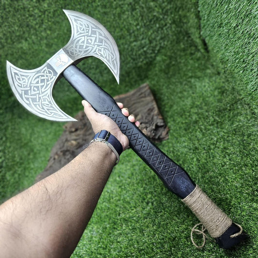 KBS Knives Viking Axe with Custom Handmade Forged 1095 Steel Double Sided Blade and Hand Engraved Black Ash Wood Handle – Thor’s Fury