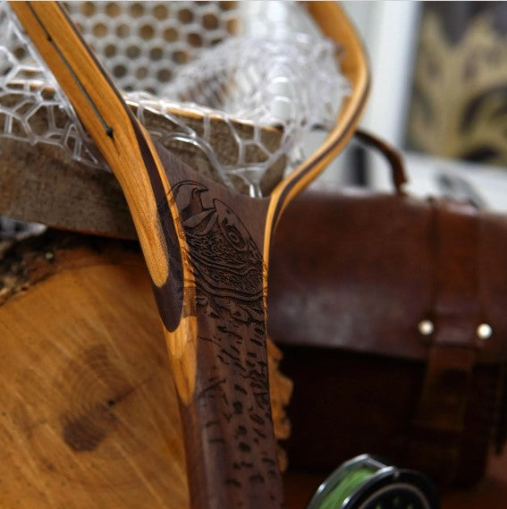 Wayward Trading Post XL 18"x14" - Brown Trout Engraved - Natural Fly Fishing Traditional Landing Net - Handcrafted & Made in USA