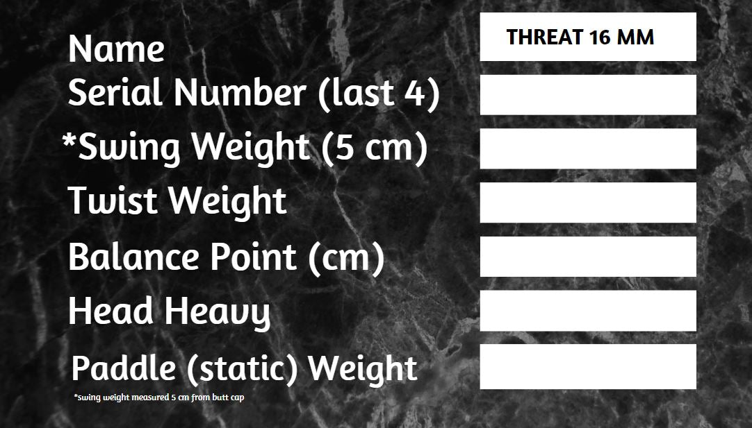 Thrive THREAT 16 SINGLES Includes custom weight card, paddle cover, paddle eraser, and lead weights.
