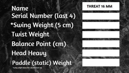 Thrive THREAT 16 Includes custom weight card, paddle cover, paddle eraser, and lead weights.
