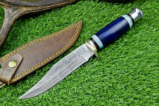 Texan Knives Western Boulder Colorado Knife – 11" Handmade Damascus Steel Blade with Epoxy Resin Handle & Leather Sheath