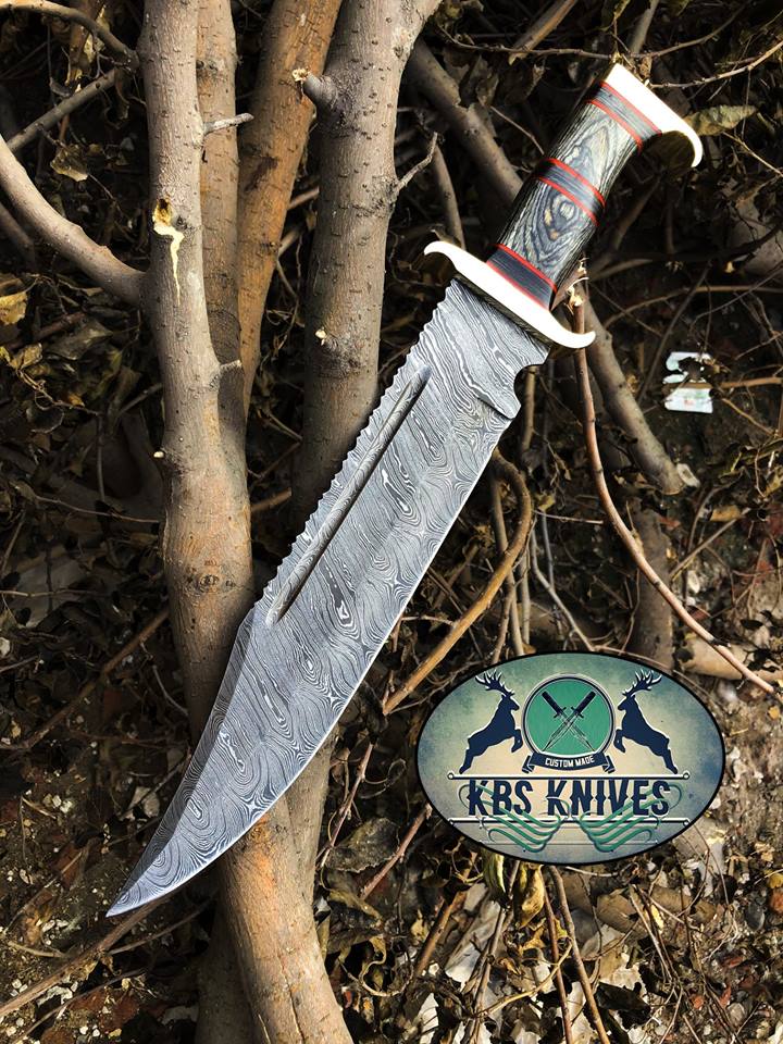 KBS Knives Western Outlaw Bowie Knife - Custom Handcrafted Damascus Steel Blade, Exotic Wood Handle, Red Fiber Spacers, Brass Guards, 16" Overall Length | Leather Sheath | KBS Knives