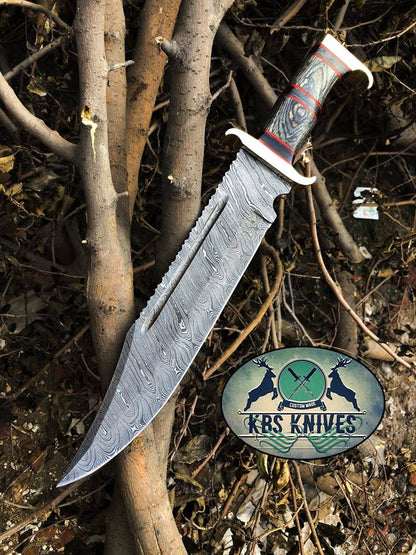 KBS Knives Western Outlaw Bowie Knife - Custom Handcrafted Damascus Steel Blade, Exotic Wood Handle, Red Fiber Spacers, Brass Guards, 16" Overall Length | Leather Sheath | KBS Knives