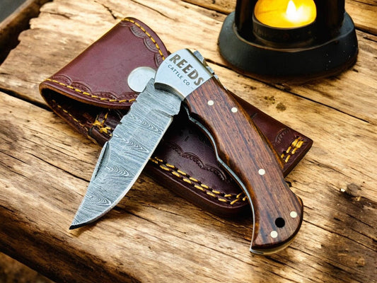 Damascus Knife Store Everyday Carry Pocket Knife – 3" Damascus Folding Blade, Rosewood Handle