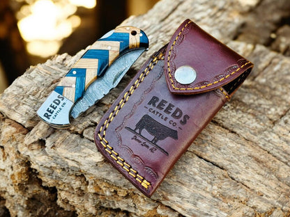 Damascus Knife Store Pocket Knife with 3" Folding Blade & Olivewood Handle