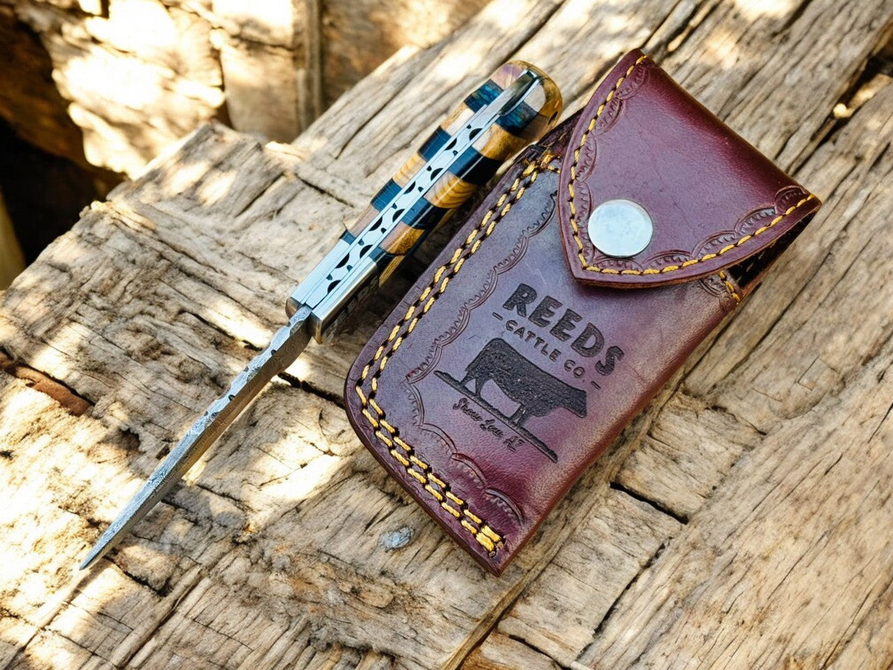 Damascus Knife Store Pocket Knife with 3" Folding Blade & Olivewood Handle