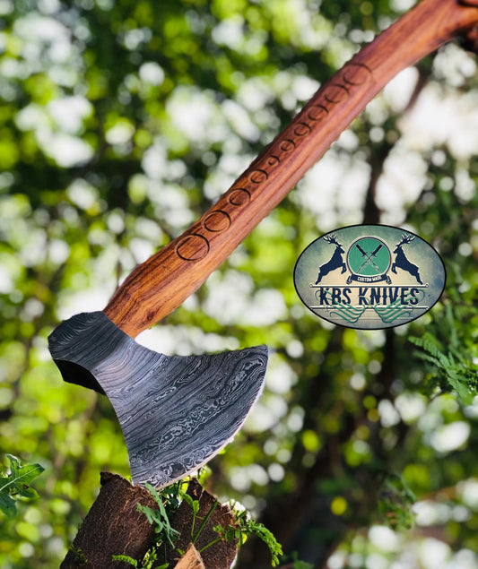 KBS Knives Handmade Damascus Steel Viking Beard Axe with Hand-Carved Rosewood Handle and Leather Sheath