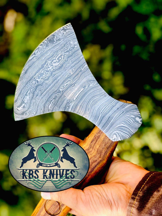 KBS Knives Handmade Damascus Steel Viking Beard Axe with Hand-Carved Rosewood Handle and Leather Sheath
