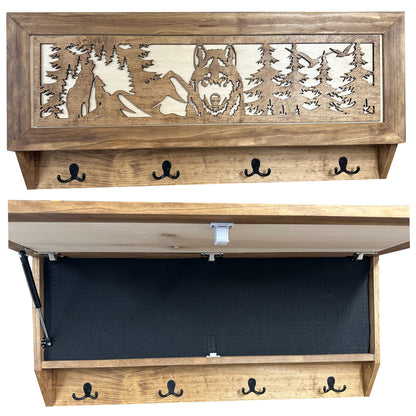 Bellewood Designs - Wolf in the Wild Hidden Gun Storage - Coat Rack Concealment Shelf with Hooks for Coats, Bags, & Hats - Quick Access Hidden Gun Shelf - Secure Magnetic Lock
