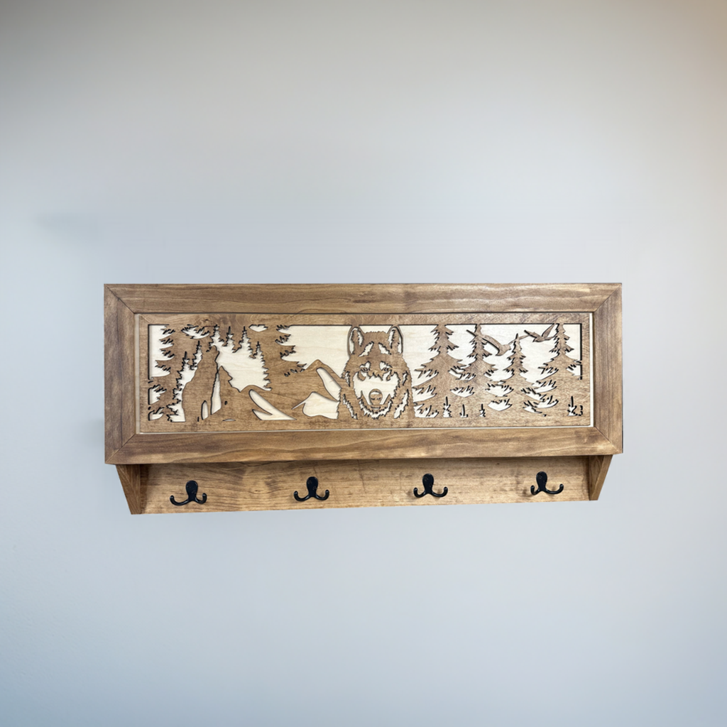 Bellewood Designs - Wolf in the Wild Hidden Gun Storage - Coat Rack Concealment Shelf with Hooks for Coats, Bags, & Hats - Quick Access Hidden Gun Shelf - Secure Magnetic Lock