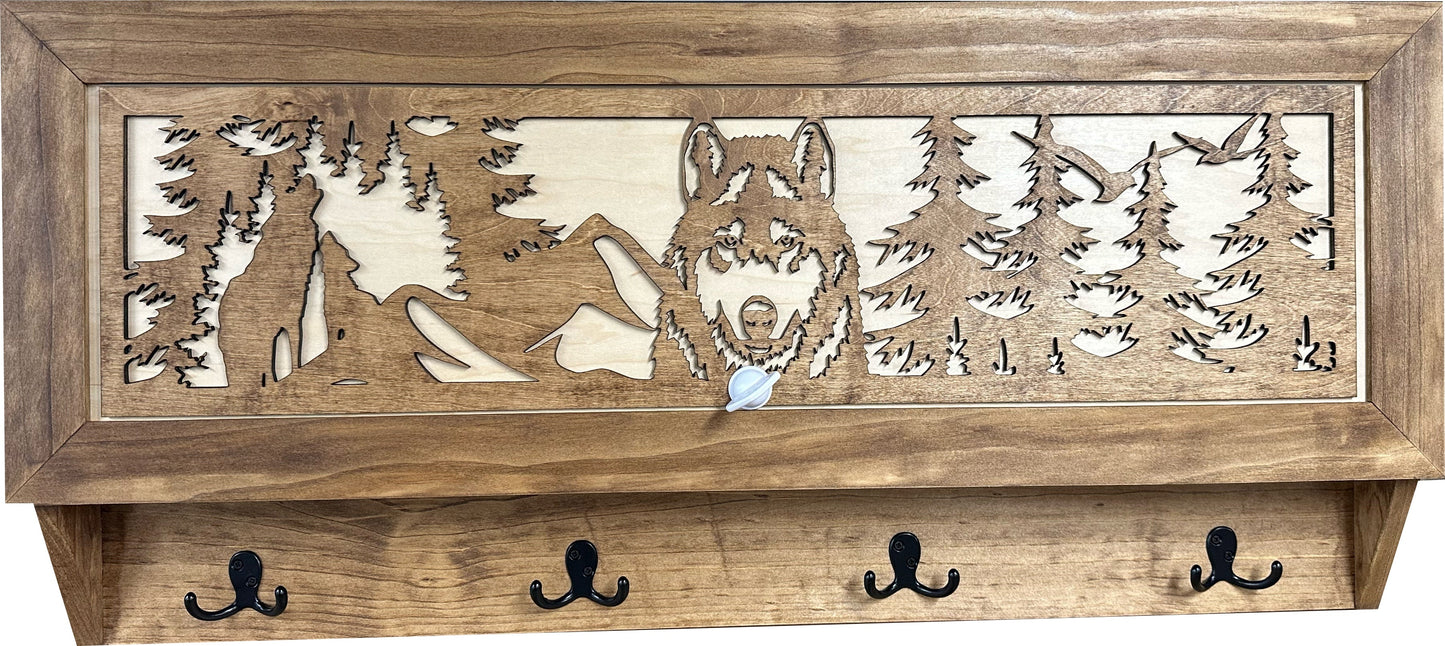 Bellewood Designs - Wolf in the Wild Hidden Gun Storage - Coat Rack Concealment Shelf with Hooks for Coats, Bags, & Hats - Quick Access Hidden Gun Shelf - Secure Magnetic Lock