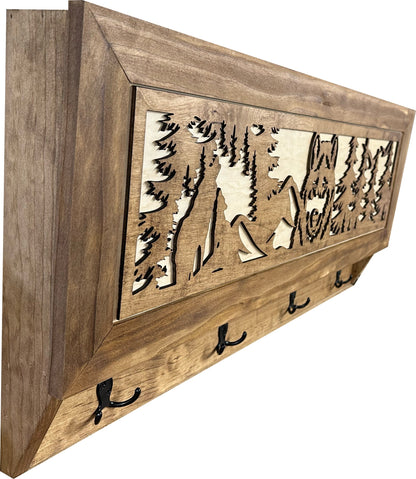 Bellewood Designs - Wolf in the Wild Hidden Gun Storage - Coat Rack Concealment Shelf with Hooks for Coats, Bags, & Hats - Quick Access Hidden Gun Shelf - Secure Magnetic Lock