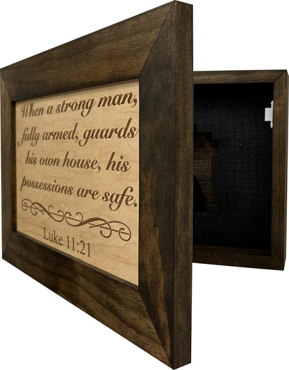 Bellewood Designs - Wood Gun Cabinet Bible Verse Luke 11:21 Wall Decoration - Hidden Gun Safe To Securely Store Your Gun In Plain Sight by Bellewood Designs