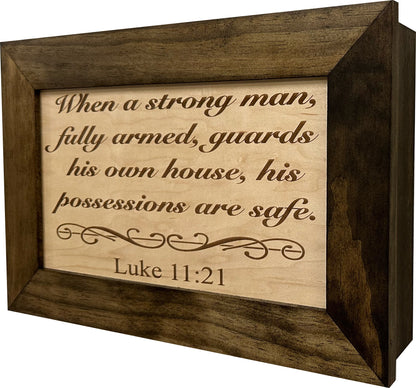 Bellewood Designs - Wood Gun Cabinet Bible Verse Luke 11:21 Wall Decoration - Hidden Gun Safe To Securely Store Your Gun In Plain Sight by Bellewood Designs