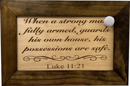 Bellewood Designs - Wood Gun Cabinet Bible Verse Luke 11:21 Wall Decoration - Hidden Gun Safe To Securely Store Your Gun In Plain Sight by Bellewood Designs