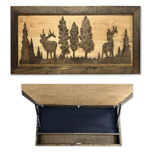 Bellewood Designs - Large Hidden Gun Storage Cabinet Wall Decor - Deer and Moose In The Woods Scene