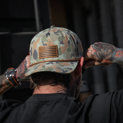 Combat Iron Apparel American Flag Leather Patch Crushable Rope Snapback Hat