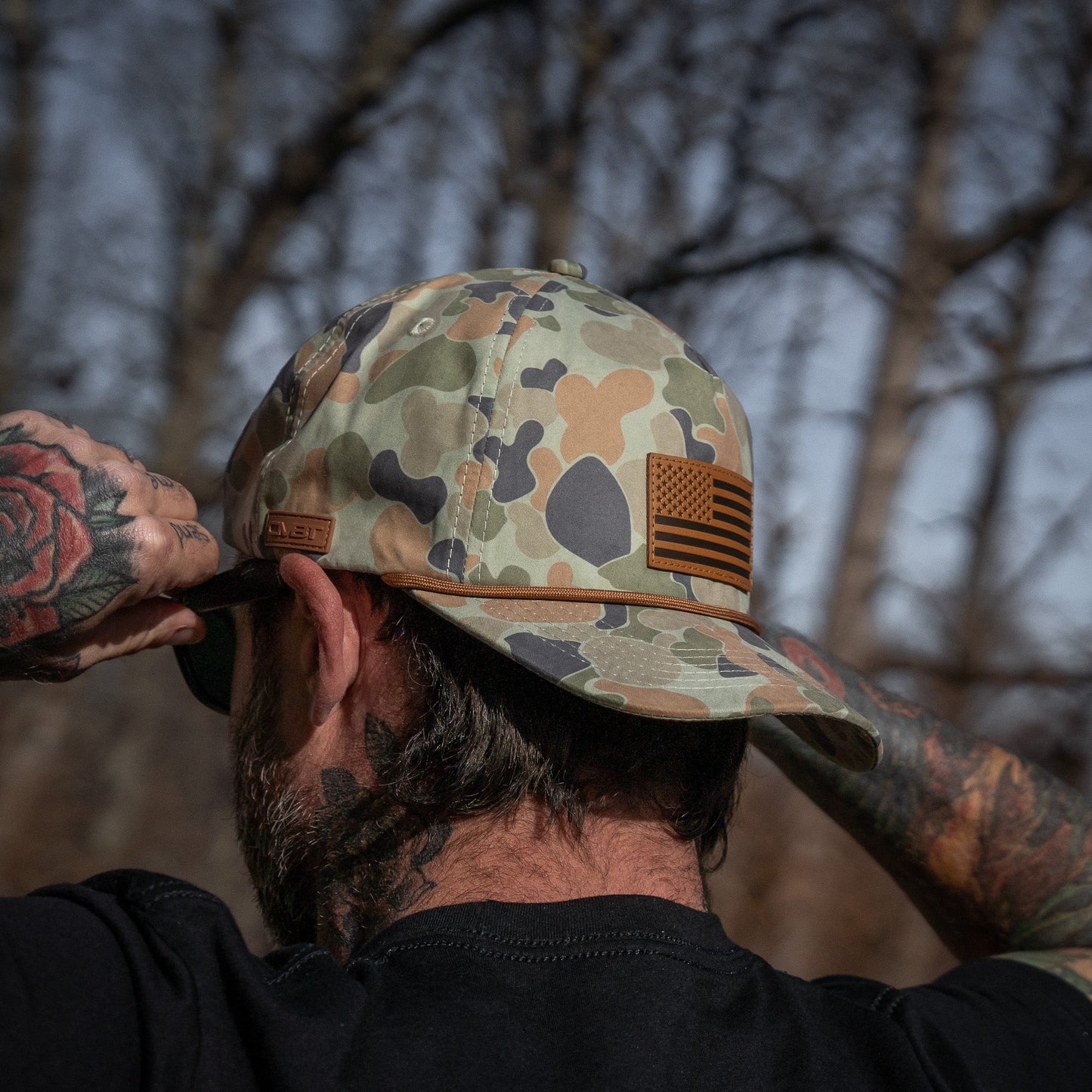 Combat Iron Apparel American Flag Leather Patch Crushable Rope Snapback Hat
