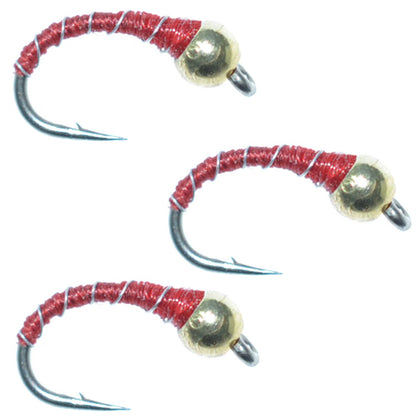 The Fly Fishing Place 3 Pack Bead Head Red Zebra Midge Still Water Nymph Fly Fishing Fly Hook Size 14