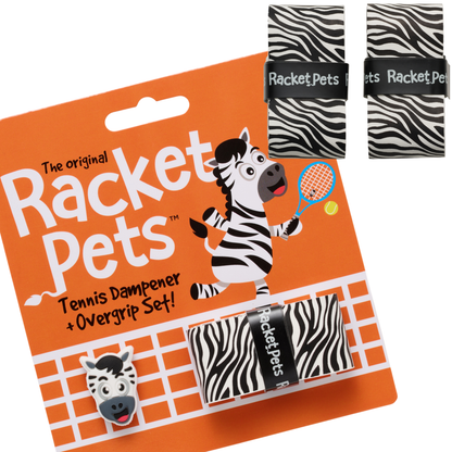 Racket Pets VALUE PACK - A Black and White Zebra Racket Pet Tennis Dampener and Overgrip Tape with a (Pack of 2) Replacement Overgrip Tape
