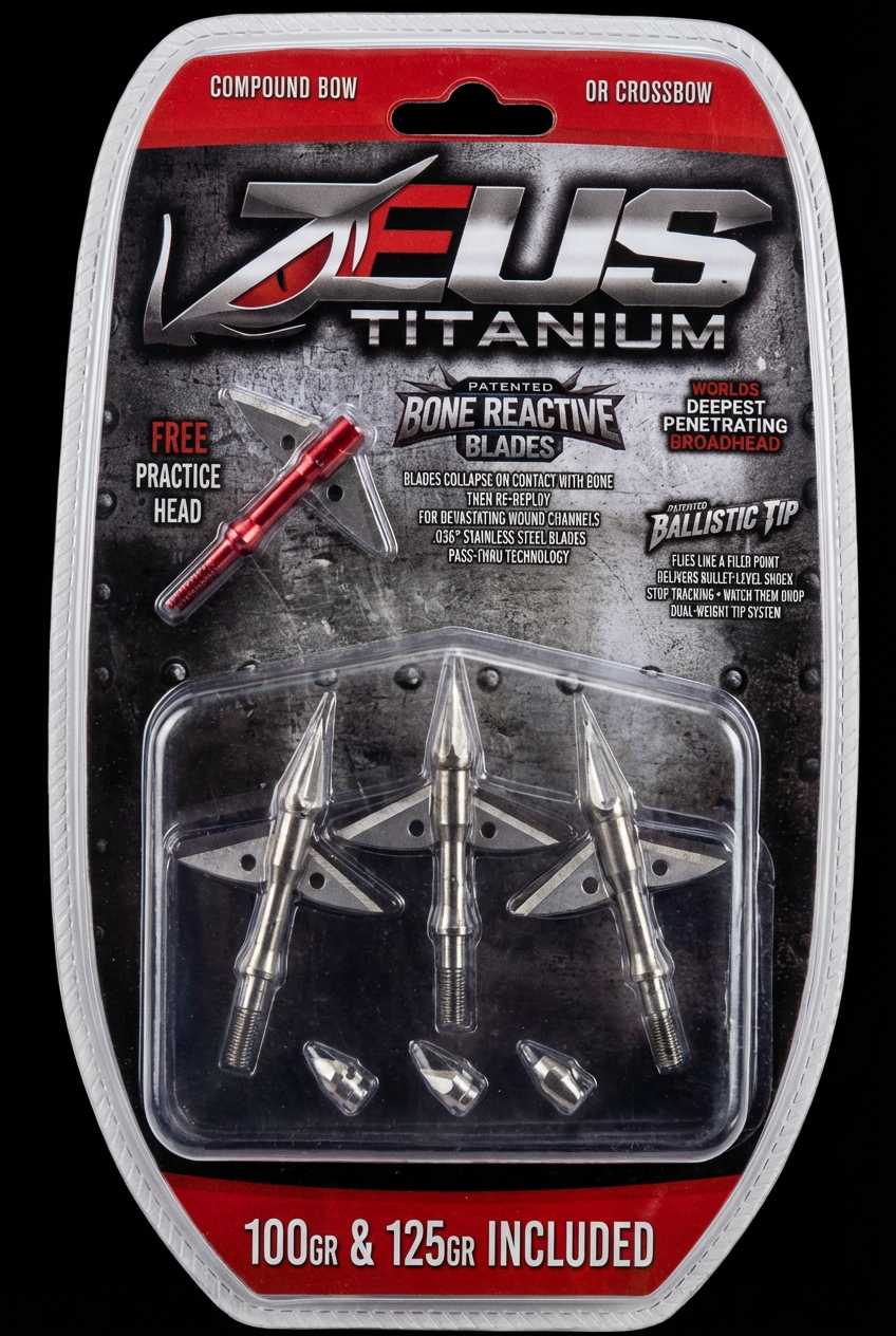 Killz ZEUS TITANIUM  BROADHEADS (3 PACK) PLUS PRACTICE HEAD-COMES WITH BOTH 100/125 GR TIPS