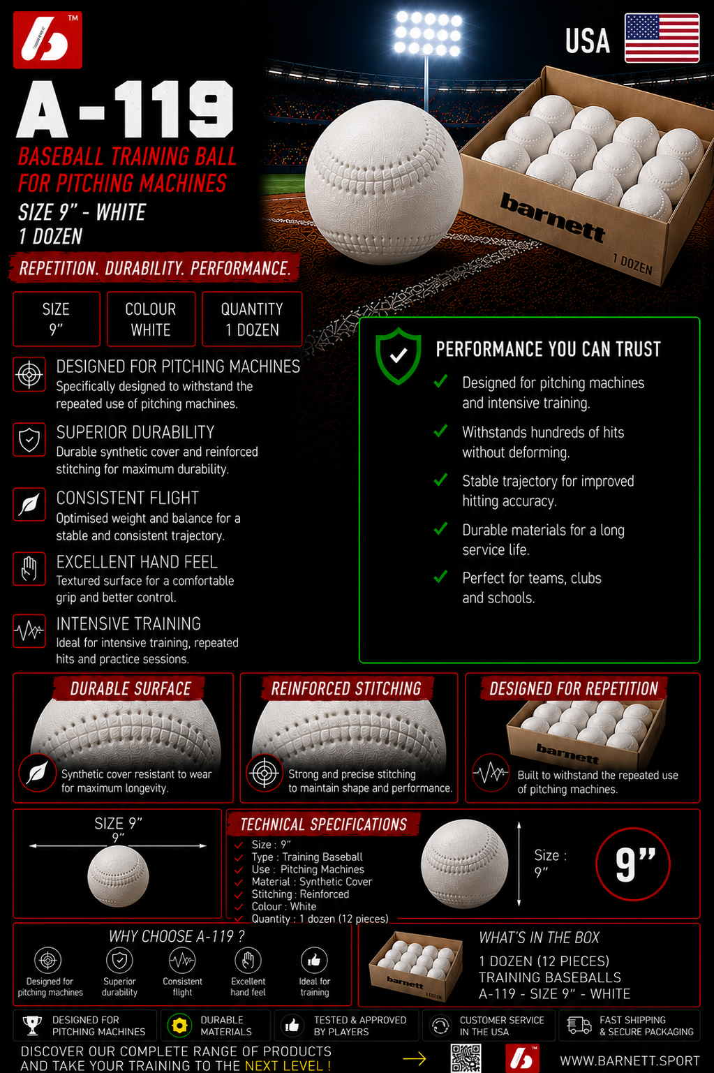 Barnett A-119 baseball balls for throwing machine, size 9'', white, 12 pieces