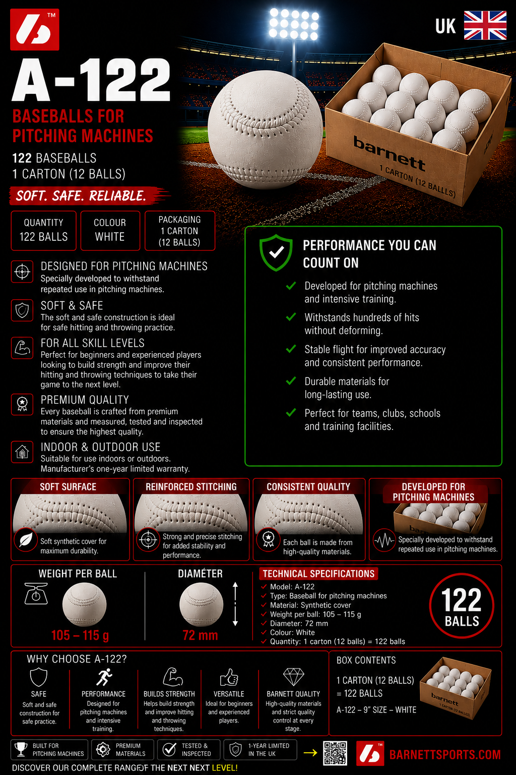 Barnett A-122 baseball balls for throwing machine, size 9'', white, 12 pieces
