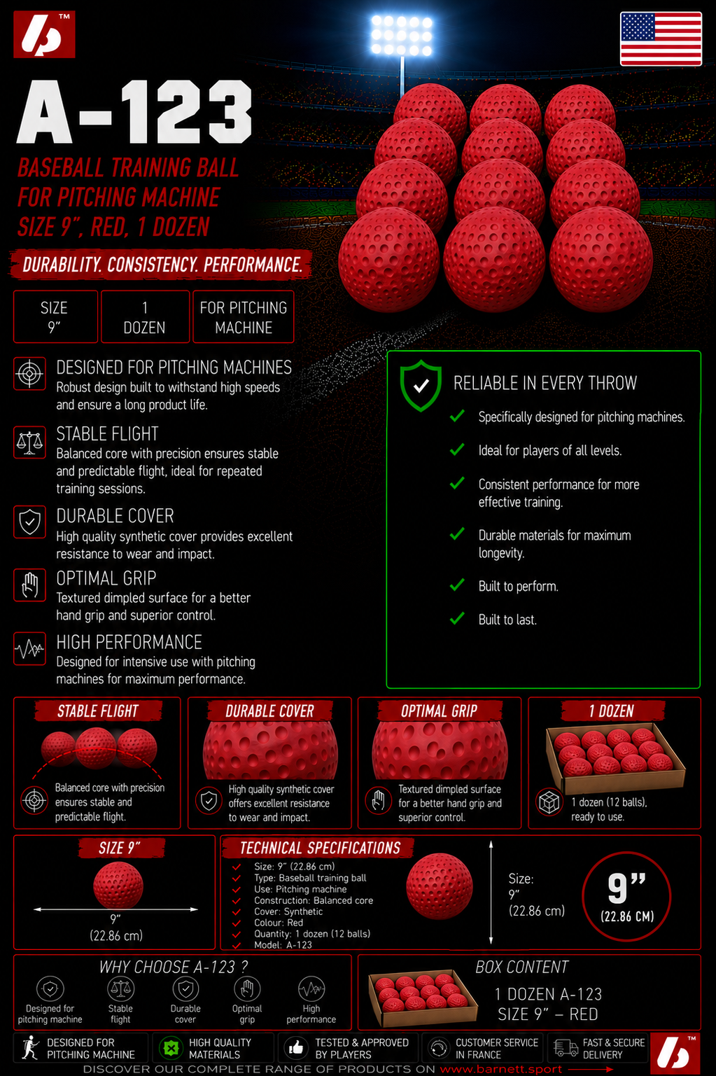 Barnett A-123 baseball balls for throwing machine, size 9'', red/yellow, 12 pieces