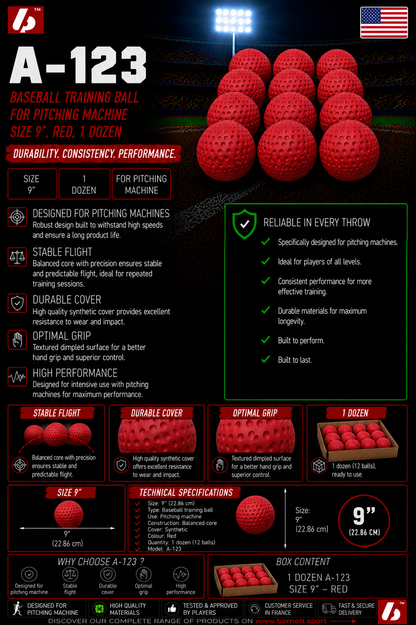 Barnett A-123 baseball balls for throwing machine, size 9'', red/yellow, 12 pieces