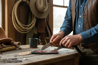 Frontier Cowboy Gear Bull Cutter Knife – Rasp Tool Steel Blade & Olivewood Handle with Leather Sheath | 7.5"