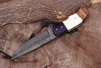 KBS Knives Custom Handmade Damascus Steel Hunting Knife with G10, Bone & Rosewood Handle – 9" | KBS Knives