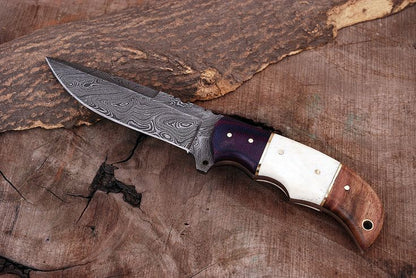 KBS Knives Custom Handmade Damascus Steel Hunting Knife with G10, Bone & Rosewood Handle – 9" | KBS Knives