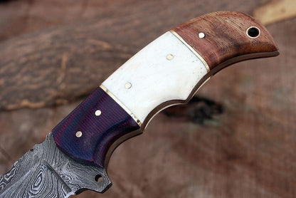 KBS Knives Custom Handmade Damascus Steel Hunting Knife with G10, Bone & Rosewood Handle – 9" | KBS Knives