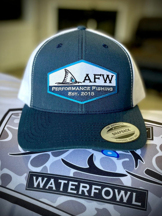 AF Waterfowl Fishing Blue Trim Patch Hat - Navy/ White Snapback Trucker - Angler's Pro Tackle & Outdoors