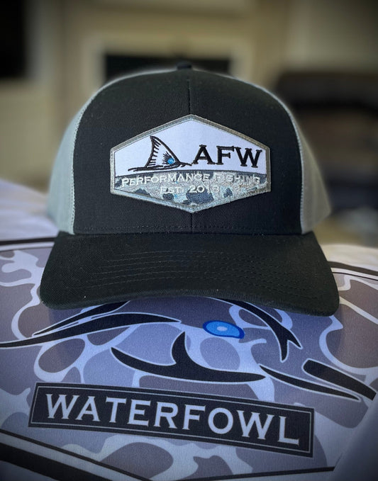 AF Waterfowl Fishing Patch Hat - Black/Grey Snapback Trucker - Angler's Pro Tackle & Outdoors