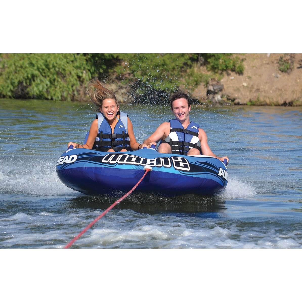 Airhead Mach 2 Inflatable 2 Rider Cockpit Lake Water Towable Tube, Blue (2 Pack) - Angler's Pro Tackle & Outdoors