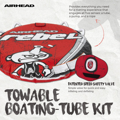 Airhead Rebel 54" 1 Person Durable Red Towable Tube Kit with Rope and 12V Pump - Angler's Pro Tackle & Outdoors