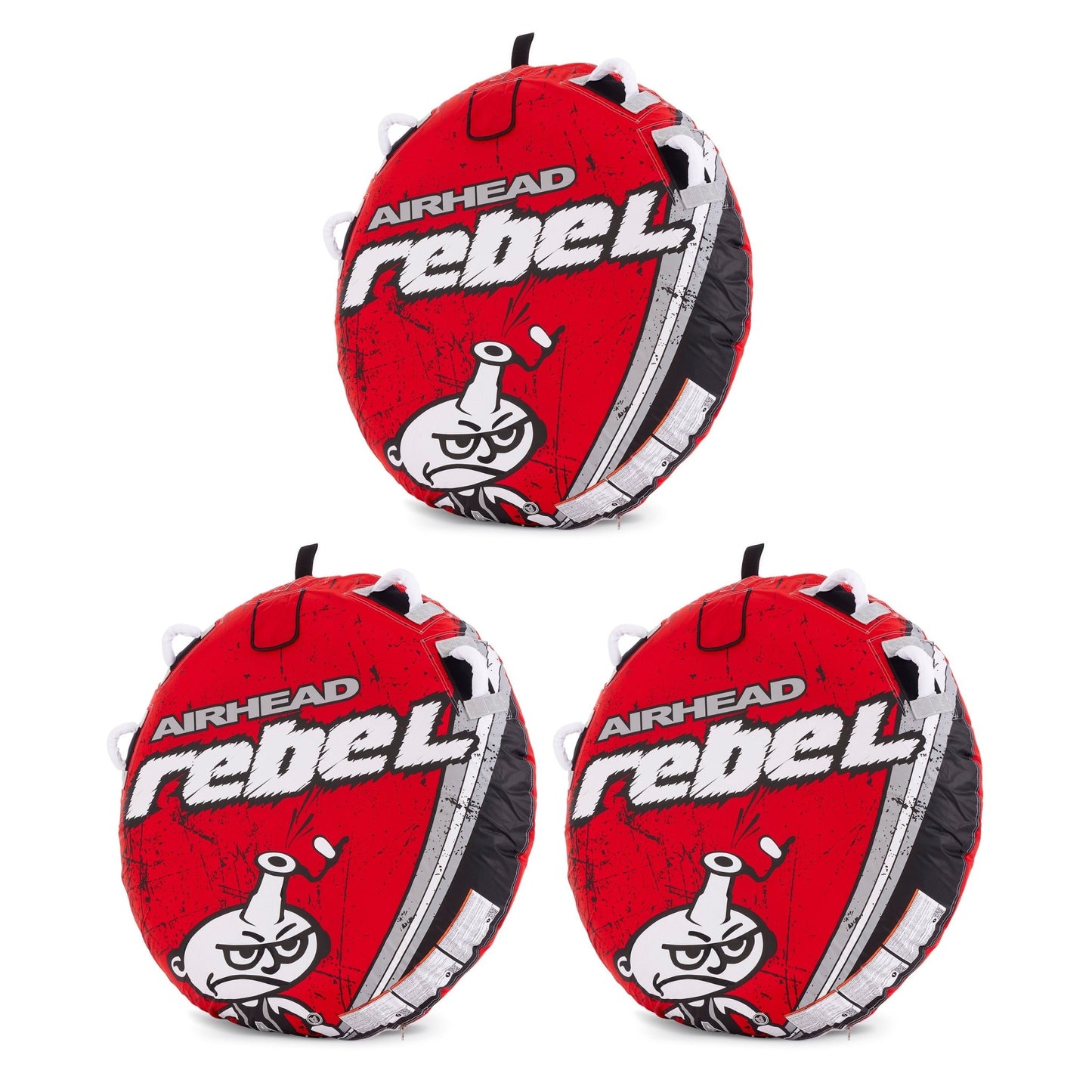 Airhead Rebel 54 Inch 1 Person Red Towable Tube Kit w/ Rope and 12V Pump(3 Pack) - Angler's Pro Tackle & Outdoors