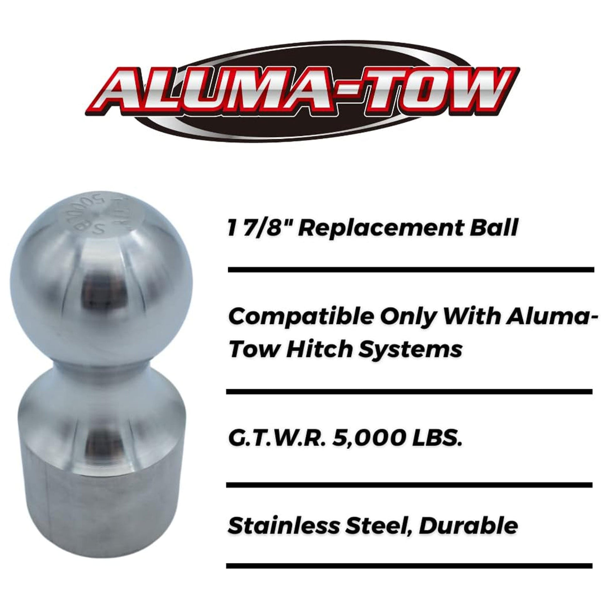 Aluma - Tow 1 7/8 Inch Powder Coated Hitch Ball Replacement, Chrome Plated Steel - Angler's Pro Tackle & Outdoors