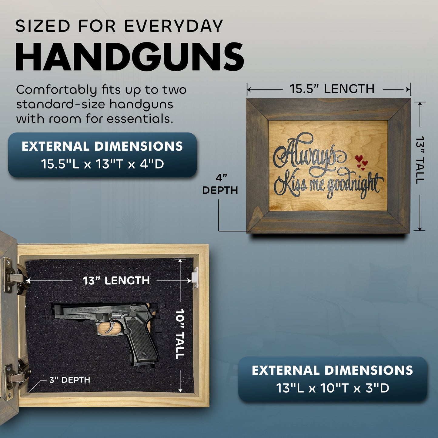 Bellewood Designs - Wall Gun Safe with Decorative Front Always Kiss Me Goodnight