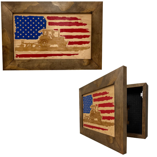 Bellewood Designs - Locking Gun Cabinet Wall Mounted with American Flag and Farmer Patriotic Decorative Front