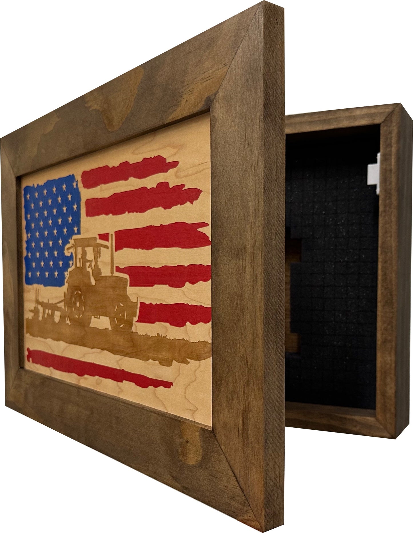 Bellewood Designs - Locking Gun Cabinet Wall Mounted with American Flag and Farmer Patriotic Decorative Front